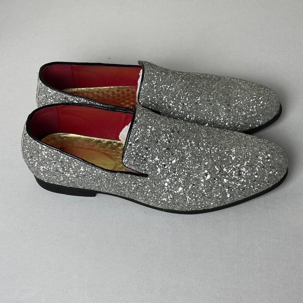 Men’s Haza Pairs Silver Sequin Loafers Size 10 Glitter Party Tuxedo Dress Shoes - Picture 4 of 7